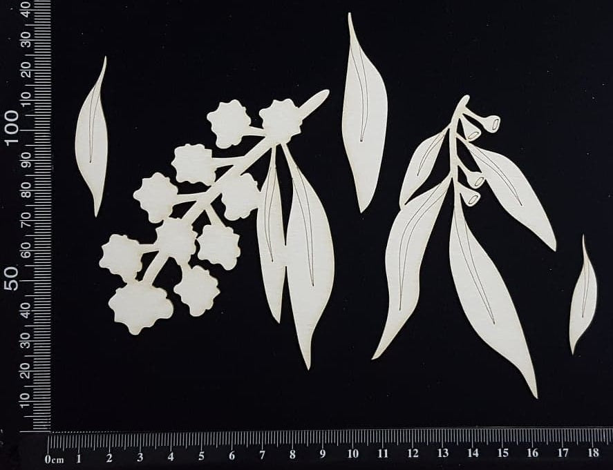 Gum Leaves and Wattle Set - B -  White Chipboard