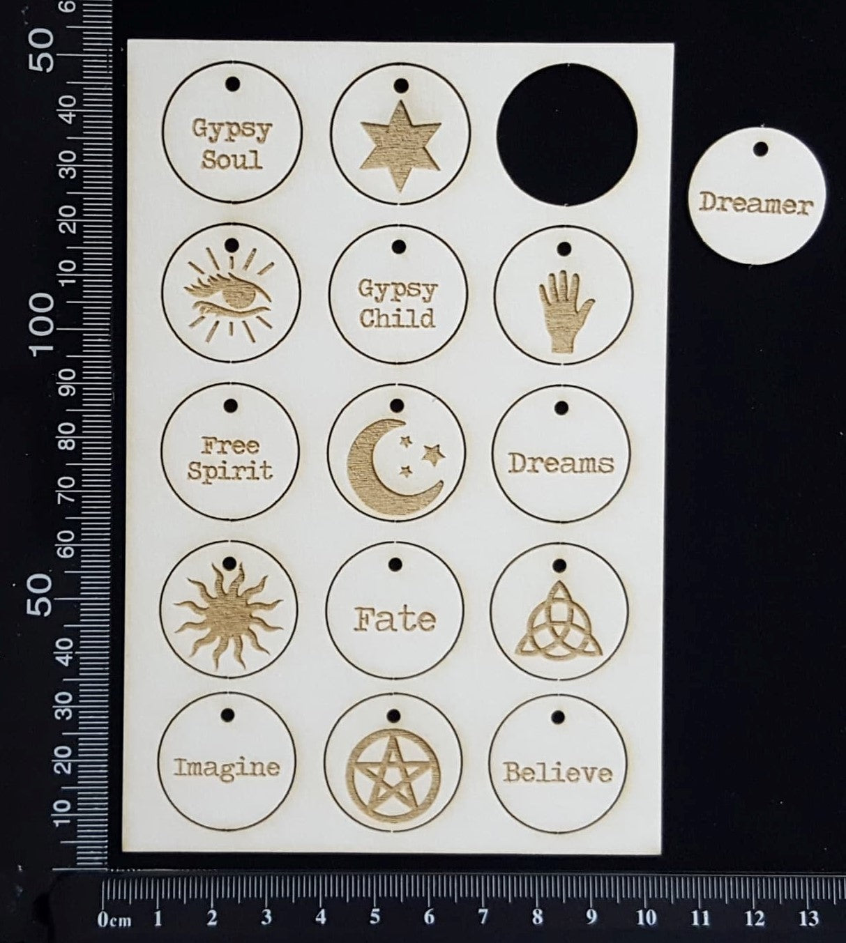 Laser Engraved Gypsy Circle Tags - B - White Chipboard