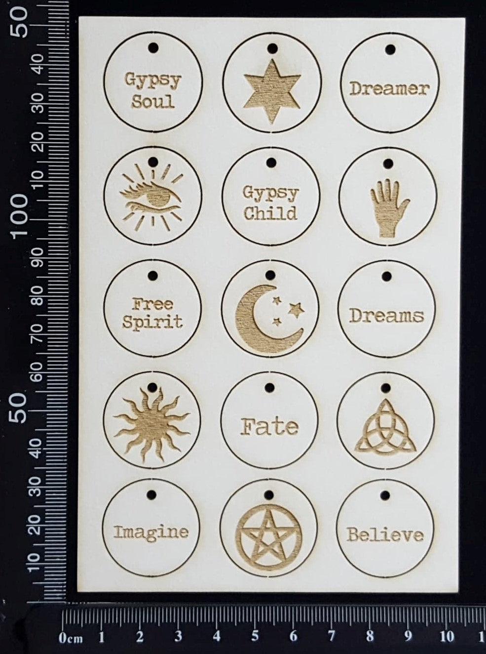 Laser Engraved Gypsy Circle Tags - B - White Chipboard
