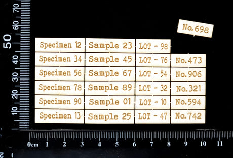 Laser Engraved Specimen Sample Lot & Number Labels - White Chipboard
