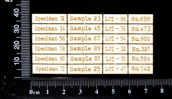 Laser Engraved Specimen Sample Lot & Number Labels - Small - White Chipboard