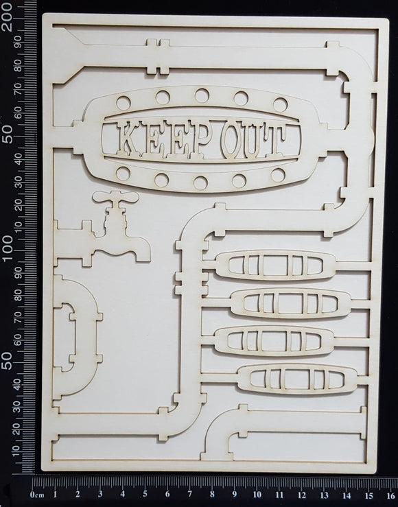 Steampunk Journal Panel - BK - Keep Out - Large - Layering Set - White Chipboard