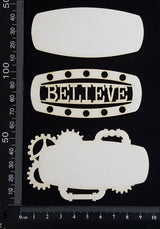Steampunk Title Plate - EB - Believe - Layering Set - White Chipboard