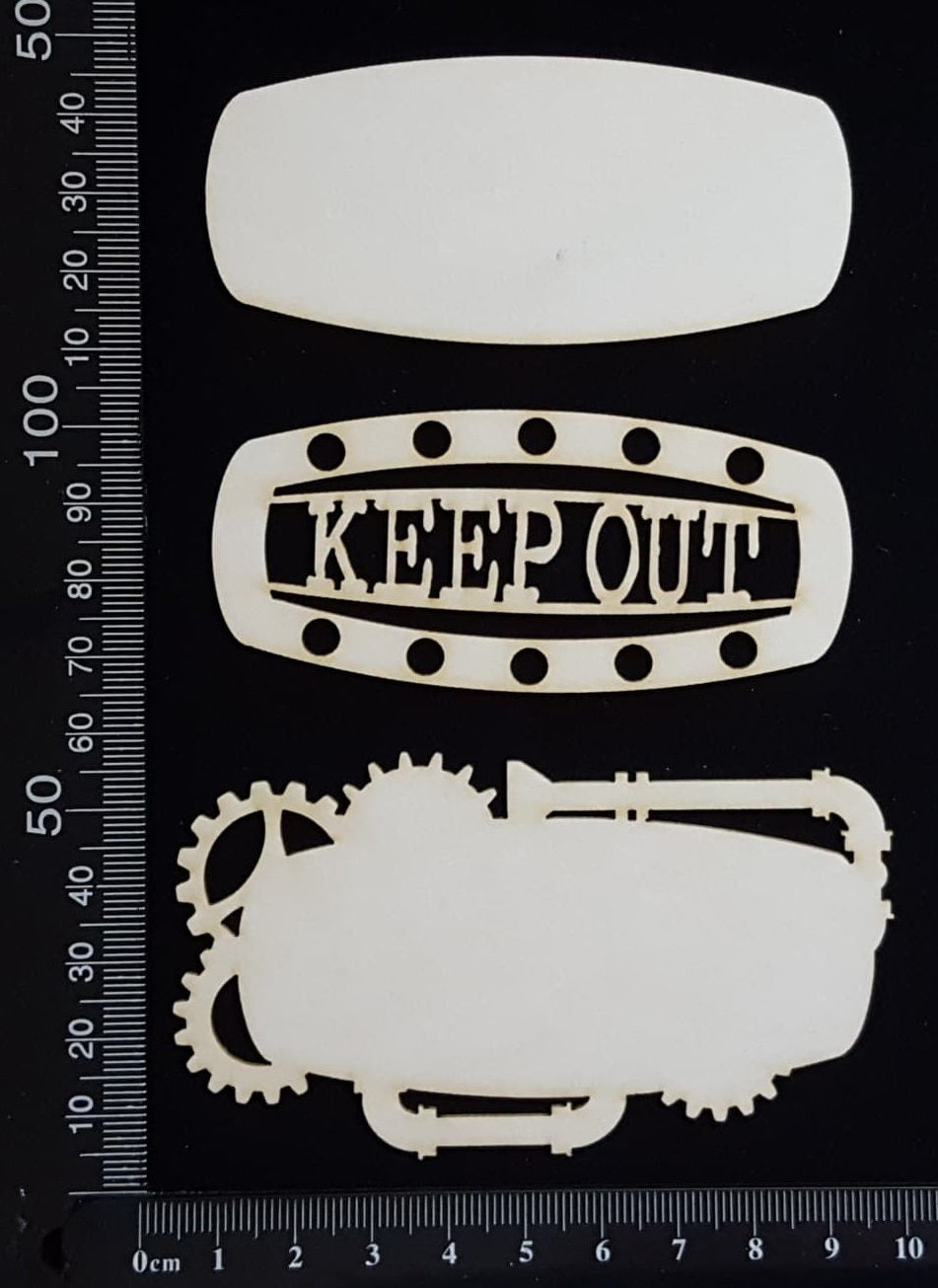 Steampunk Title Plate - EJ - Keep Out - Layering Set - White Chipboard