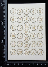 Laser Engraved Number Circles - 1 - 31 - Set B - White Chipboard