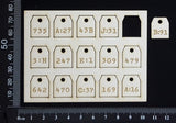 Laser Engraved Number Tags - E - White Chipboard