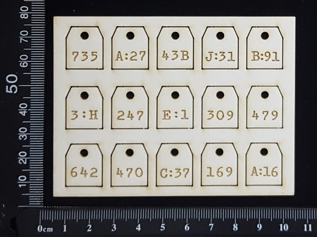 Laser Engraved Number Tags - E - White Chipboard