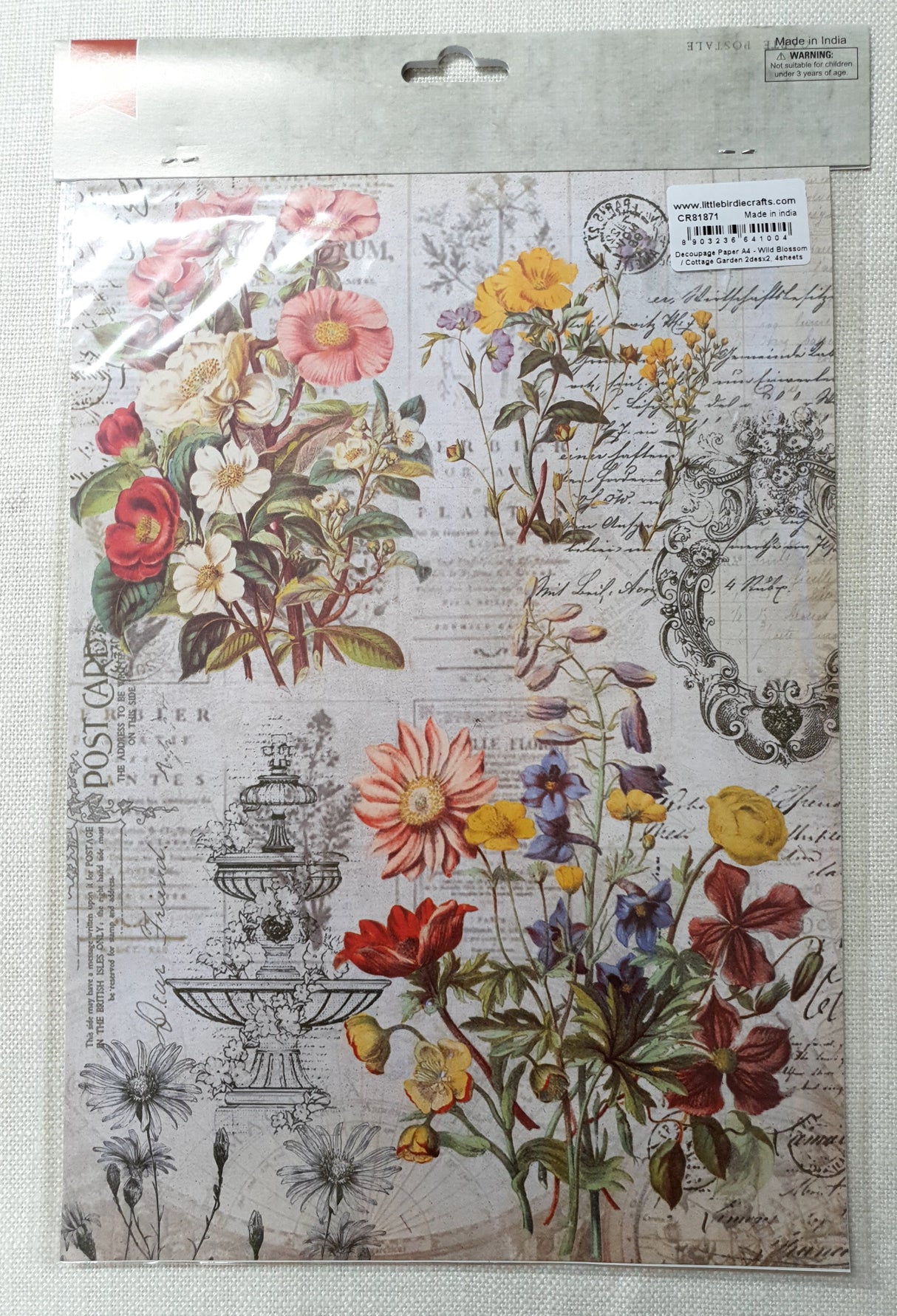 Decoupage Paper - A4 size - 4 sheets - (DP-1012) - Wild Blossom / Cottage Garden