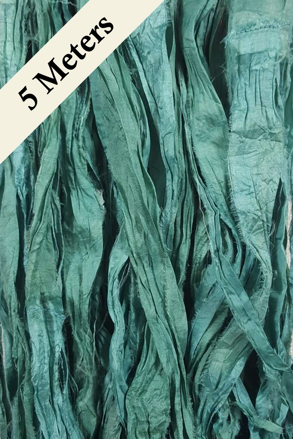 Reclaimed Sari Silk Ribbon - Winter Green - 5m Pack