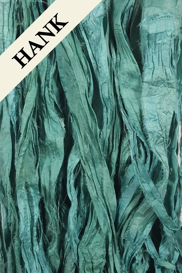 Reclaimed Sari Silk Ribbon - Winter Green - Hank