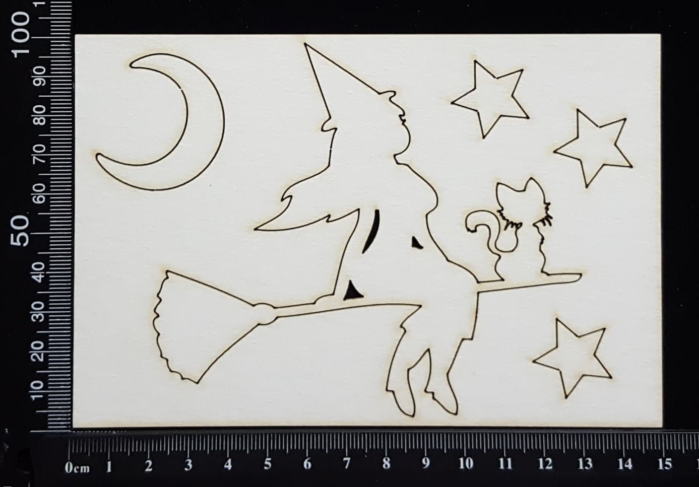 Witch and Cat on Broom - White Chipboard