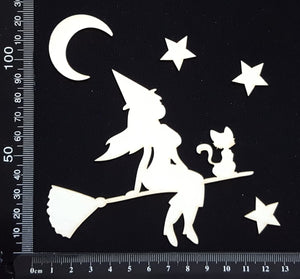 Witch and Cat on Broom - White Chipboard