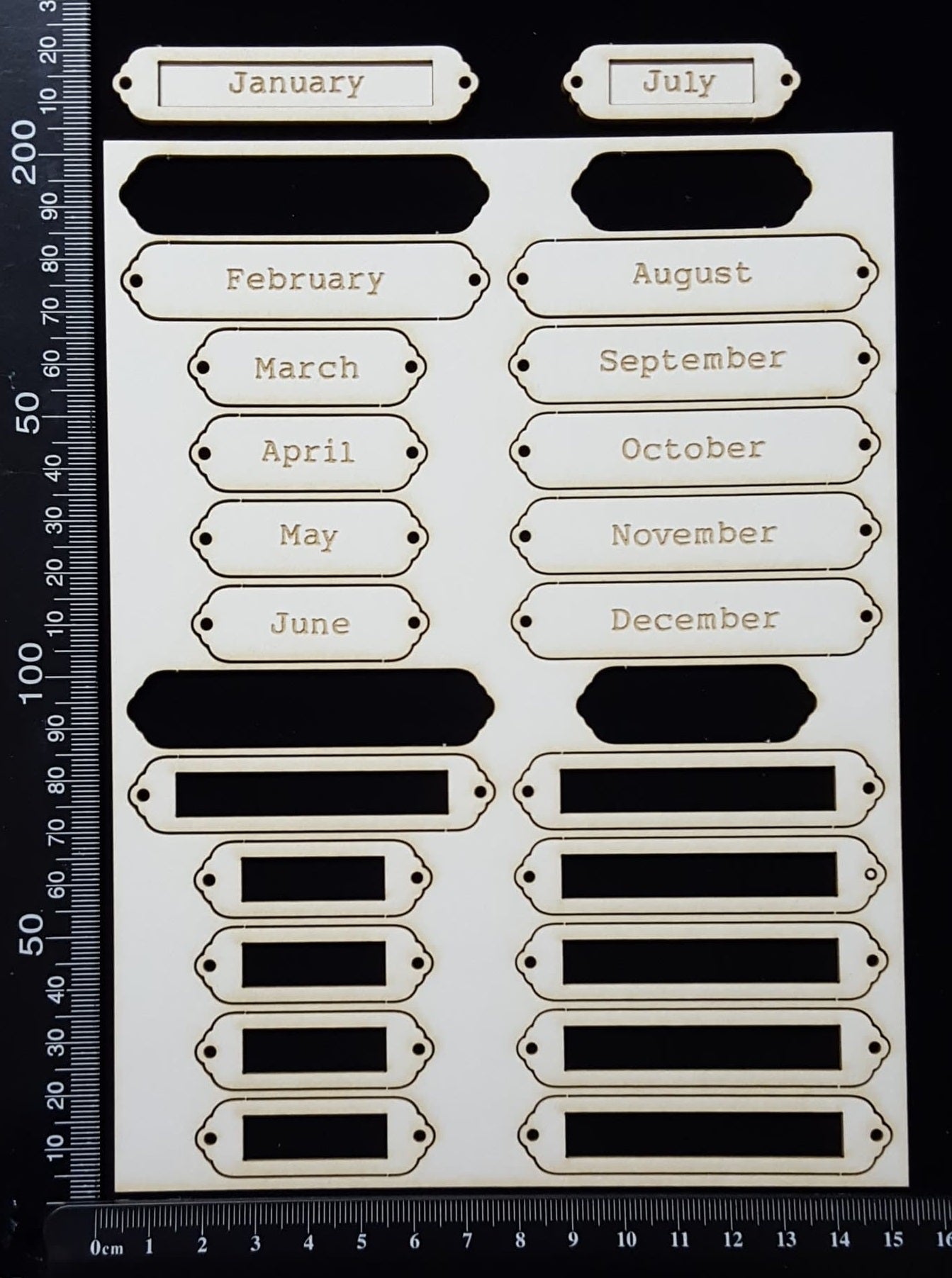 Word Plates - BE - Laser Engraved - Months - White Chipboard