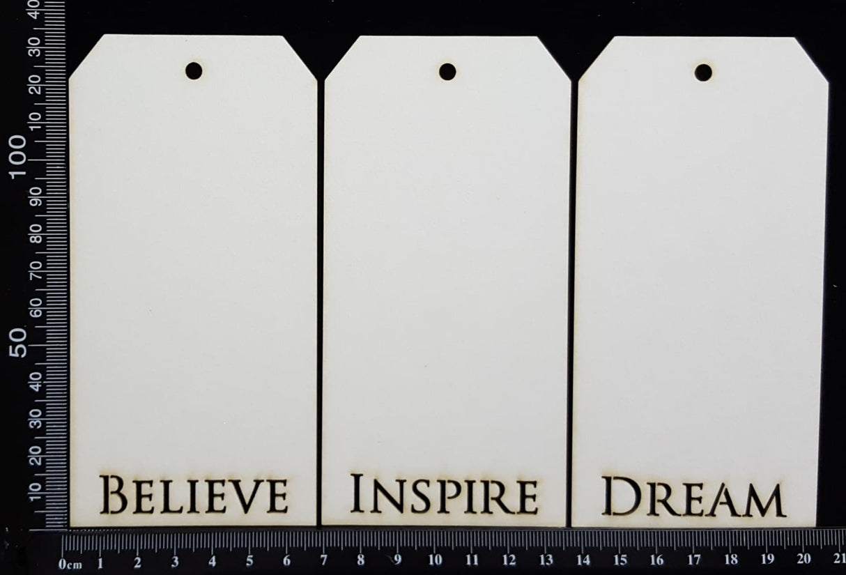 Word Tags - Medium - Believe Inspire Dream - B - White Chipboard