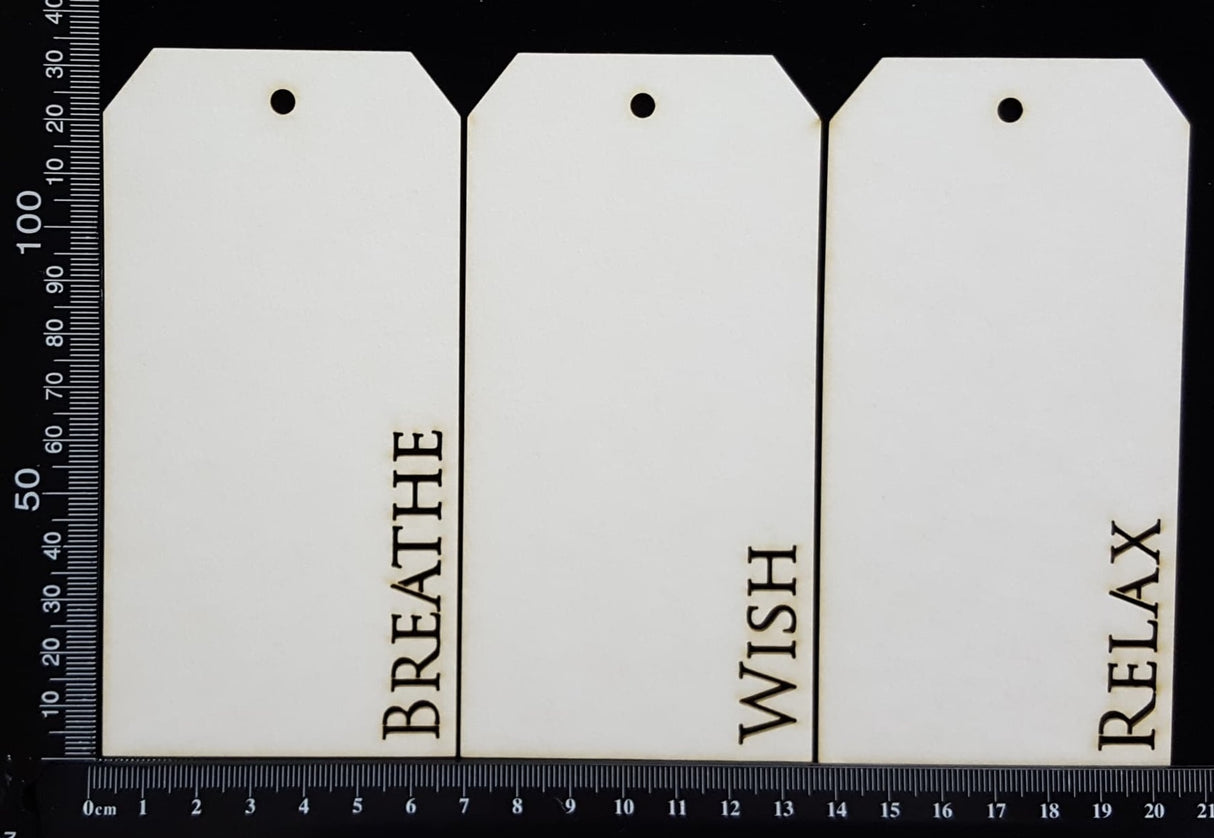 Word Tags - Medium - Breathe Wish Relax - A - White Chipboard