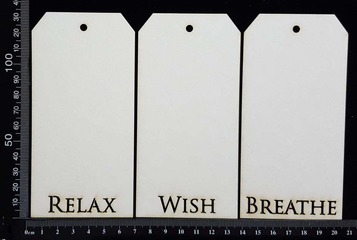 Word Tags - Medium - Breathe Wish Relax - B - White Chipboard