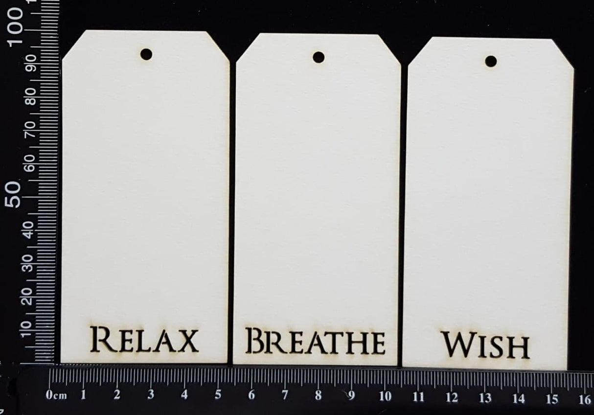 Word Tags - Small - Breathe Wish Relax - D - White Chipboard