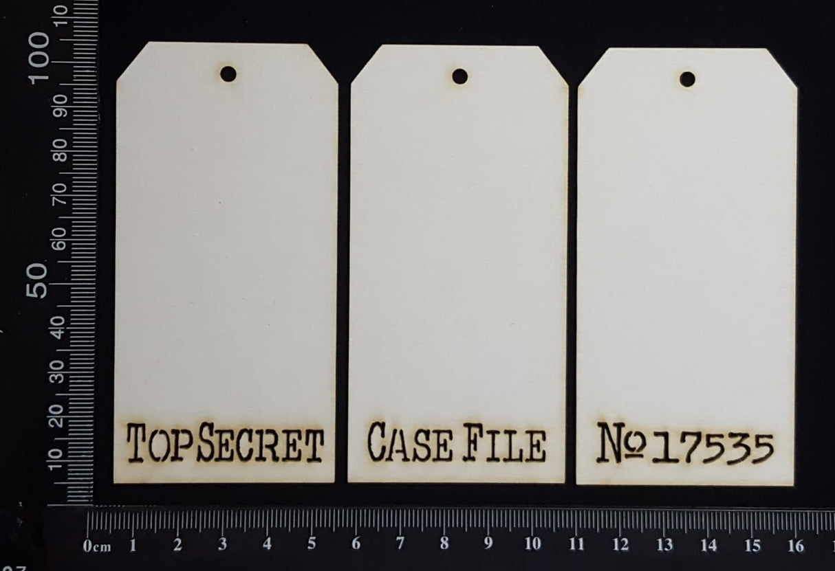Word Tags - Small - Top Secret Case File No 17535 - A - White Chipboard